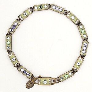 Anne Koplik Vintage Style Brass Link Bracelet Green Enamel Crysal Rhinestones